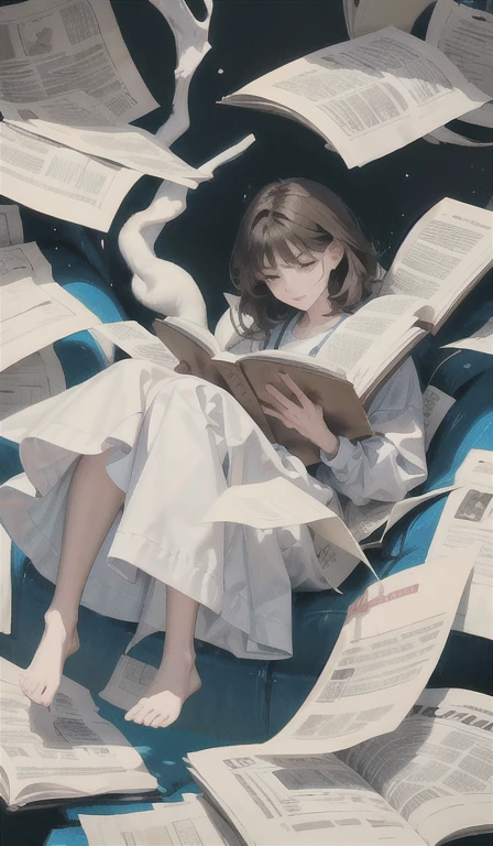 Artistic illustration: Relaxed character and white cat A person concentrating with an open book or notebook