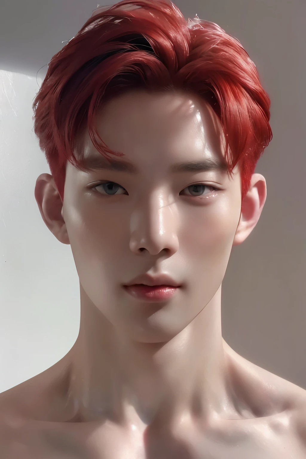a 19-year-old Korean MAN with a sharp, V-shaped jaw and chin, round caramel eyes, heart-shaped lips, pale white skin, and shoulder-length light brown hair.