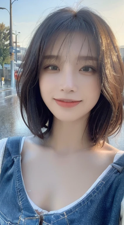 ((highest quality, 8k, masterpiece:1.3)), concentrated: 1.2, Perfect body beauty: 1.4, Hips: 1.2, ((Layered Haircut, chest: 1.2)), (Wet clothes: 1.1), (rain, street:1.3), Bandeau dress: 1.1, Highly detailed face and skin texture, Beautiful Eyes, double eyelid, Whitening skin, Long Hair, (shut up: 1.3), smile