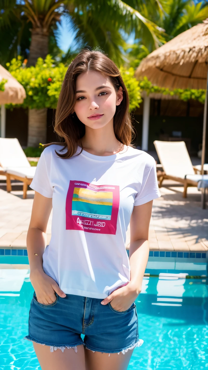 ((highest quality)), ((masterpiece)), (Familiar), ,Perfect Face,(Cute beauty),Loot ,Sunburned skin,Poolside,T-Shirts,Shorts,8k