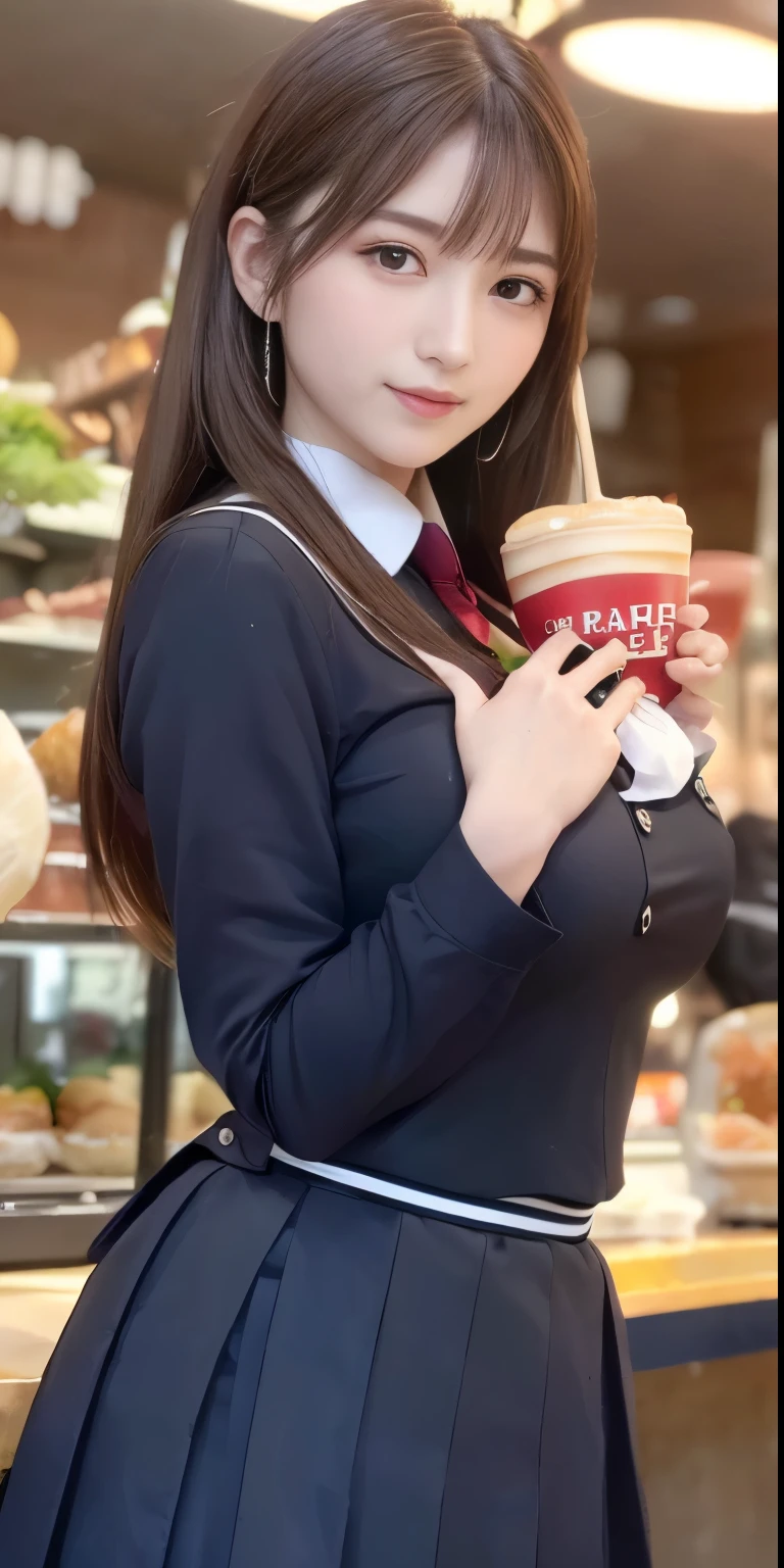 best masterpiece、highest quality、shape、Super detailed、High resolution、8K wallpaper、Perfect dynamic shape、beautiful and detailed eyes、natural color lip, Random sexy pose,very kind smile、17 year old girl、cute、expensive、(highest quality:1.3)、(masterpiece:1.3)、(The Super detailed:1.3)、(wallpaper, one girl:1.1)、(delicate hands and fingers:1.2)、(Detailed super oily shiny skin:1.1)、Beautiful and glossy thighs、(High school girl uniform:1.7)、(big breasts that hang down and firm:1.4)、slender body shape、brown hair head、(stable expression:1.5)、((Semi-long random hairstyle:1.3))、beautiful sister、(Model standing pose from the front:1.4)、sexy pose、(((Paris city cafeteria background:1.6)))、((Beautiful big breasts with firmness:1.5))、(beautiful double eyelids:1.3)、look at the camera、Pelvic expanse、perfect lighting、