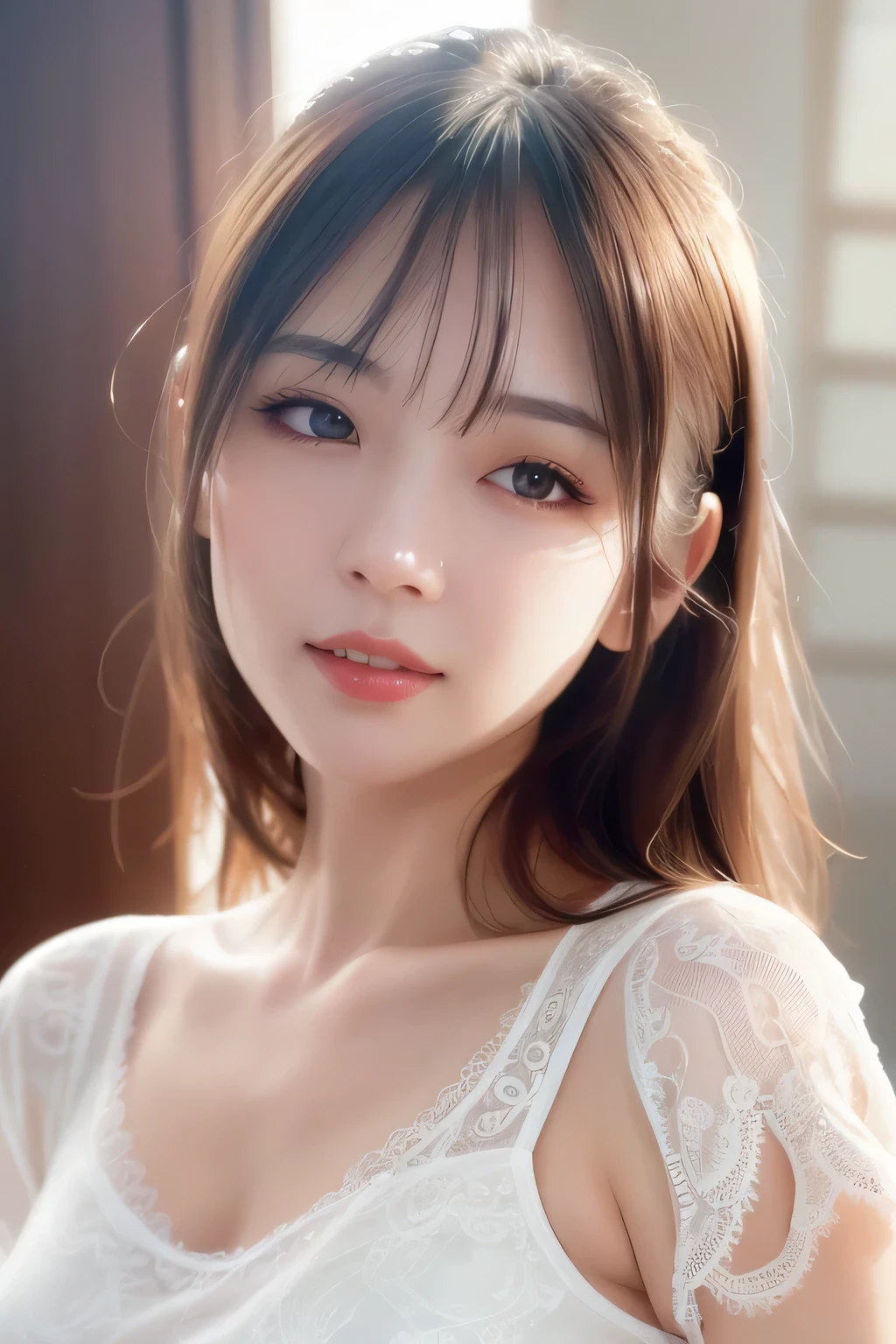Clothes, white lace dress (Photoreal: 1.4), (Hyperreal: 1.4), (Real: 1.3),
(Smoother lighting: 1.05), (Improved cinematic lighting quality: 0.9), 32K,
1 girl, girl in her 20s, real lighting, backlight, face light, ray tracing, (brighten: 1.2), (improve image quality: 1.4),
(Top quality real texture skin: 1.4), delicate eyes, delicate face,
(Tired and sleepy and happy: 0), (Laughter: 0), Close-up of face, T-shirt,
(Improve body line mood: 1.1), (Improve skin texture and beauty: 1.1)