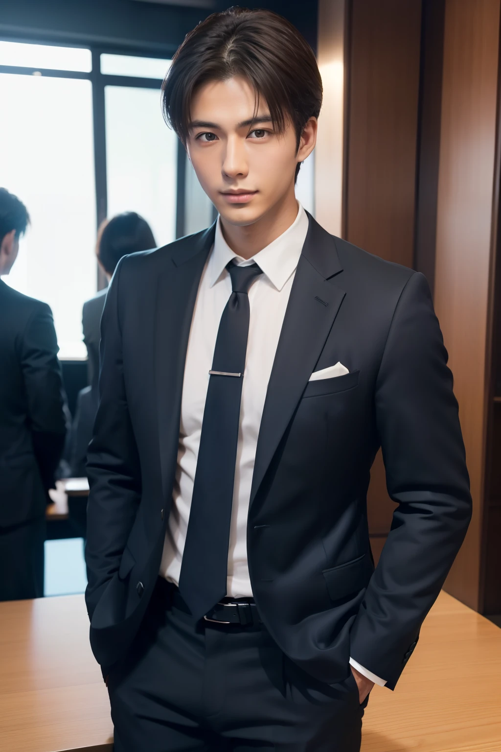 Dark brown suit、　A fresh and handsome 20-year-old new employee、　（A super cool S-class man in a suit）、　20 year old Japanese boys、　Businessman、　Ultra-luxury suits、　office、　Standing in a suitＳYoung and handsome men、　Full body photo、　（CG Unity 8KのVery detailed写真）、　（Very detailedＳHandsome man in class）、　（Photo realistic）、　　（（highest quality））、　Ultra-detailed、　（masterpiece）、　Ultra HD、　expensive、　Audience、　A kind man、　Very beautiful hair、　short hair、　Bright photo、　Handsome like a model、　Handsome like an idol、　Luxury Watches、　Cool Belt、　Japanese