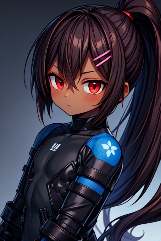 Masterpiece High res, high definition, (((dark skin tone))),dark skin male, dark skin, cute shota,red eyes, black hairpin, brown hair, long dark brown hair,black mecha_musame,wearing a black exoskeleton, detached sleeves, black Gauntlets,  black cybertech bodysuit,black exoskeleton ninja suit, black fingerless gloves, blue accents, close up,