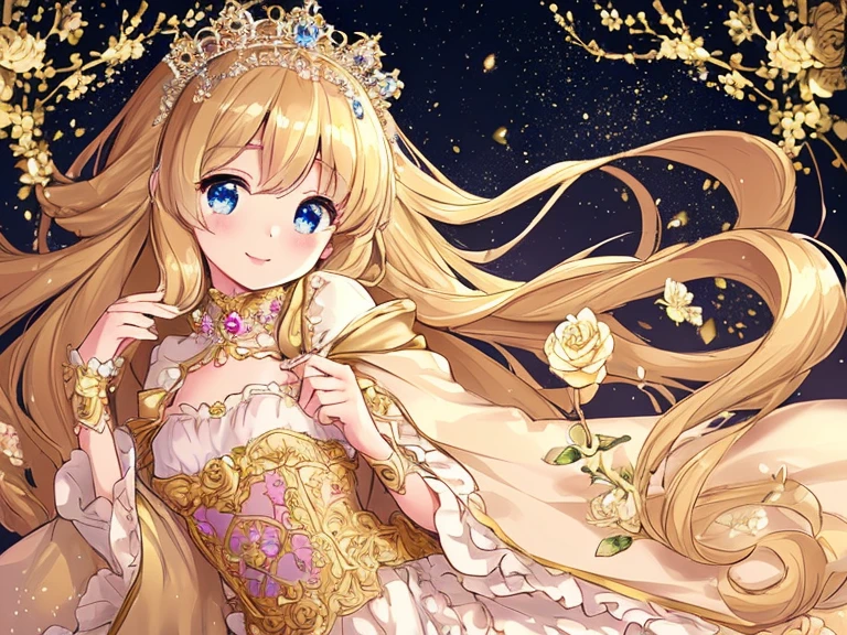 (kawaii),(best quality),(ultra detailed),(rococo style),(long train beige cape:1.15), very long cape,(long train beige ball gown with flower decorations), a girl is wearing a cape over her gown, 1 little princess, tiara with blue jewelry, smile, very long hair, small breasts, beautiful detailed eyes, beautiful detailed lips