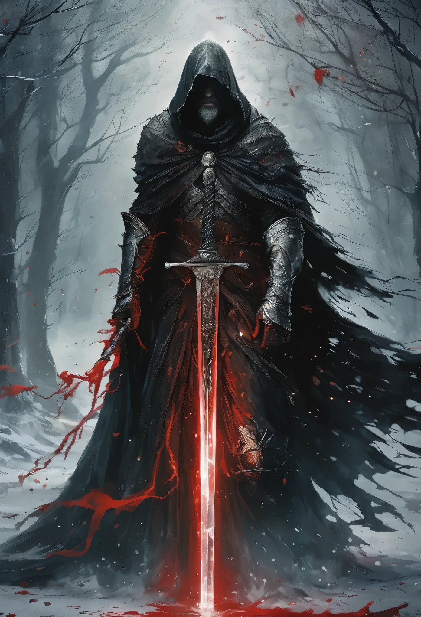 A person wearing a cloak, holding a sword, a lantern, with a red aura emanating from it, surrounded by black candles, blood spattered everywhere, its flowing, exquisite details, in 8k resolution (best quality, 8k, highres, ultra-detailed), with a magical touch (magical power), hauntingly dark (dark ambiance), and an aura of mystery.