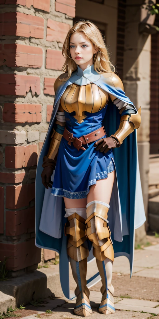(masterpiece, best quality), 1girl,  KnightFFT, long hair, blonde hair, blue eyes, cape, armor, blue dress, belt, gloves, boots