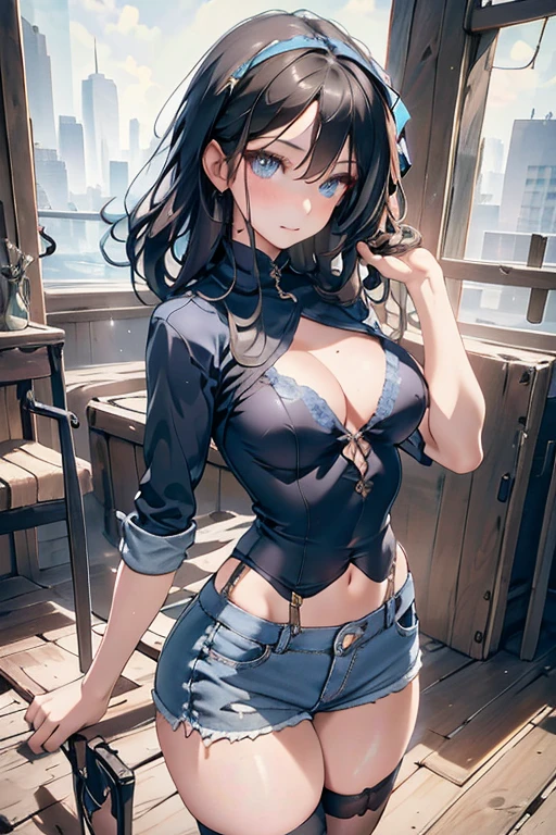 (from above:1.2),(from side:0.9), ((Face)), (Close-Up:0.4), 1female, teacher, wearing a hoodie, bootyshorts, Thicc, small breast, light colored hair, long hair, blue eyes, face to detail, detailed eyes, the background is a pizzaria, smiling, highest quality, (RAW photo:1.2)(Curve,Model,glamor:1.5),Beautiful breasts,(pointed chest:1.0),Farbe_aberration,beautiful detailed shadow,Beautiful eyes,Beautiful body,Beautiful skin,beautifull hands,(medium_breasts:1.5),Brown hair,watching at viewers,black suspenders,Bulging big,breasts,walls: Black miniskirt, garters, Gaze, Small face,bangss,holster,Beautuful Women,hands up,leg holster,Gaze,black boots panty shot, provocation,flank,flank sweat soio,arm,,narrow waist,(with sparkling eyes and a contagious smile),her thin pubic hair, looking at viewer, posed cleavage:1.2,pose muy sexy"