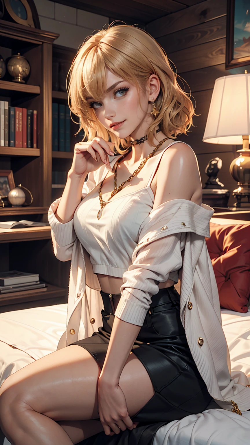 (masterpiece), (highest quality), Makima with Taylor Swift's face (chainaw man), highest quality, Super detailed, One girl, alone, Are standing, Redhead, Long braided hair, Golden Eyes, bangs, Medium chest, tie, look, smile, (bad: 1.2), looking at the viewer, (interview: 1.3), (Dark Background, chain: 1.3) Exposing breasts,