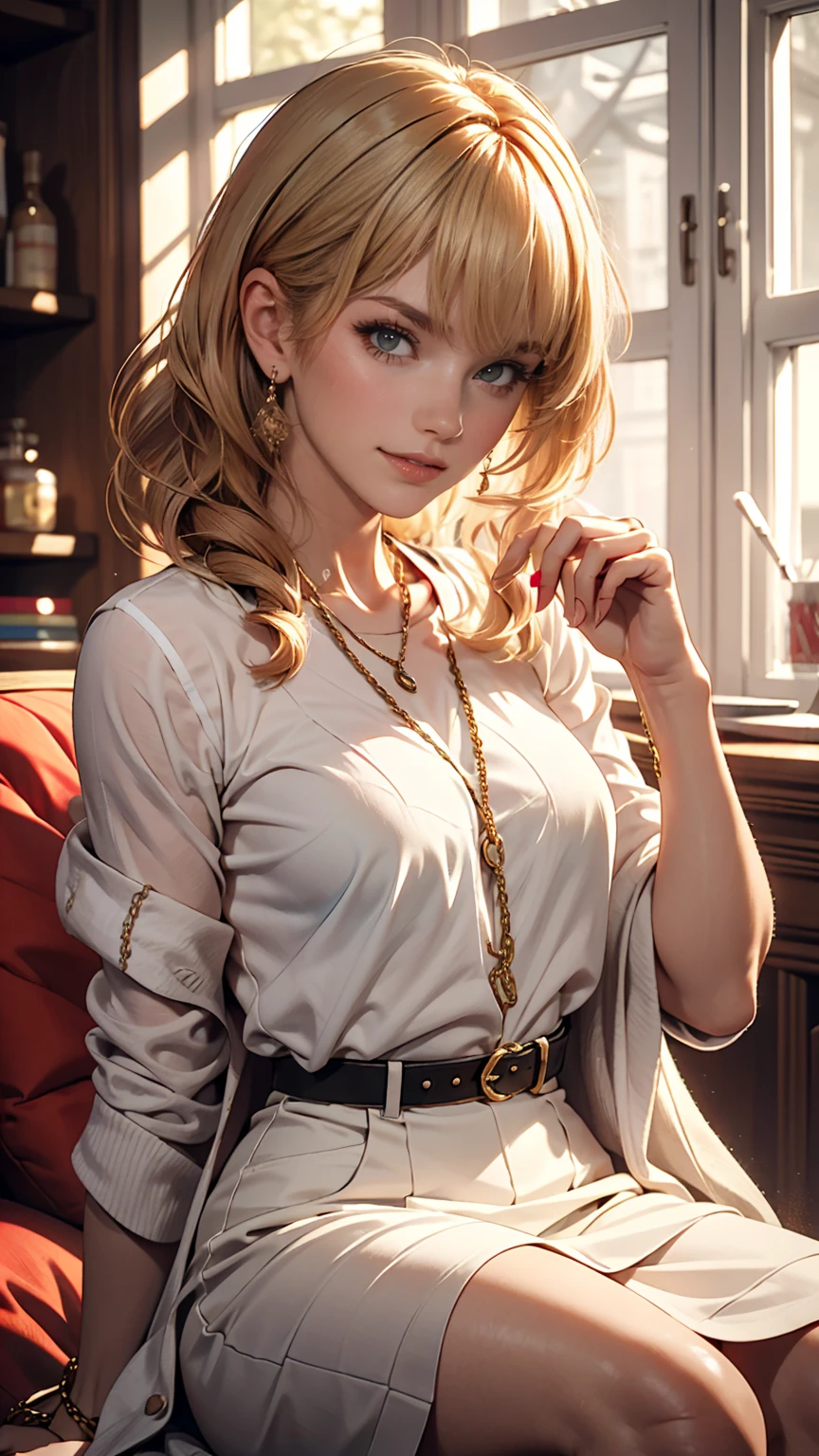 (masterpiece), (highest quality), Makima with Taylor Swift's face (chainaw man), highest quality, Super detailed, One girl, alone, Are standing, Redhead, Long braided hair, Golden Eyes, bangs, Medium chest, tie, look, smile, (bad: 1.2), looking at the viewer, (interview: 1.3), (Dark Background, chain: 1.3) Exposing breasts,