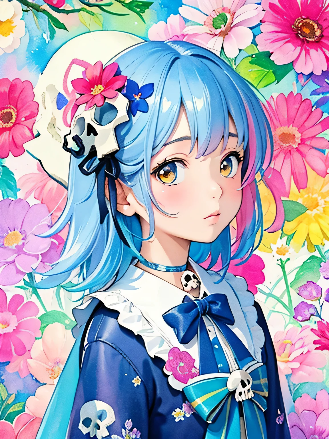 Momoko Sakura style、8K Quality、Intense watercolor, Detailed watercolor art, Watercolor splash, Surreal, avant-garde pop art, Beautiful and expressive paintings, Beautiful artwork illustration, Very colorful tones, wonderful, Cool beauty, highest quality、Official Art, Vector art, Stylish design, (((The most beautiful girl))), (((highest quality))), HDR, ((detailed)), (((Doodle Art)), ((masterpiece)), ((Super detailed)), (((Colorful flowers))),(((skull fashion))),
