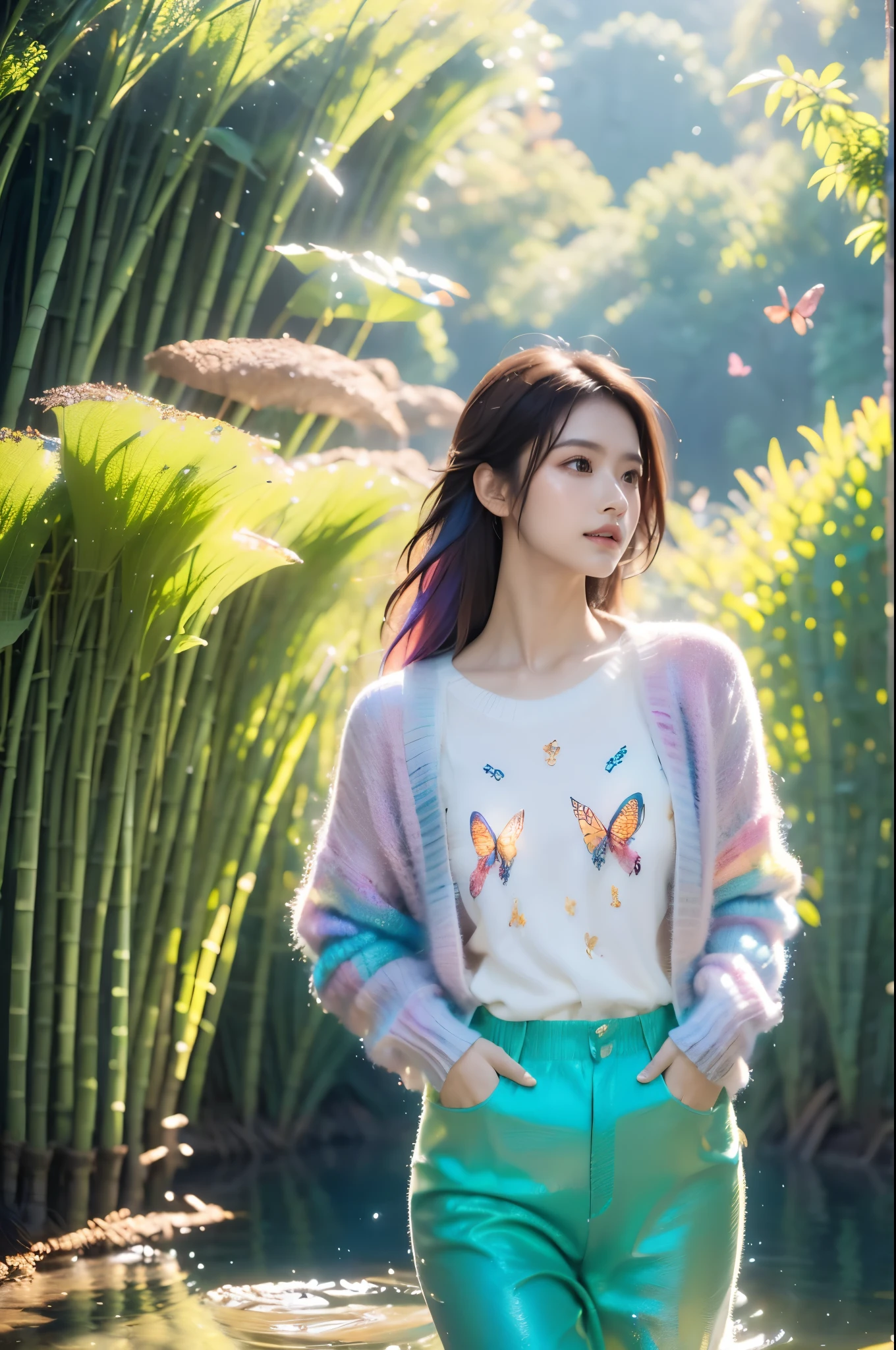 1 girl, colorful hair, (Brown eyes), (Extremely refined), (sweater), bamboo forest, pool, front, Butterfly, hair, Butterfly, Dreamy light, (8k, original photo, best quality, masterpiece: 1.2), (Practical, Photo fidelity: 1.3), Super Fine, Super Fine cg 8k wallpaper, (Crystal texture skin: 1.2), of the best quality, masterpiece, 8k