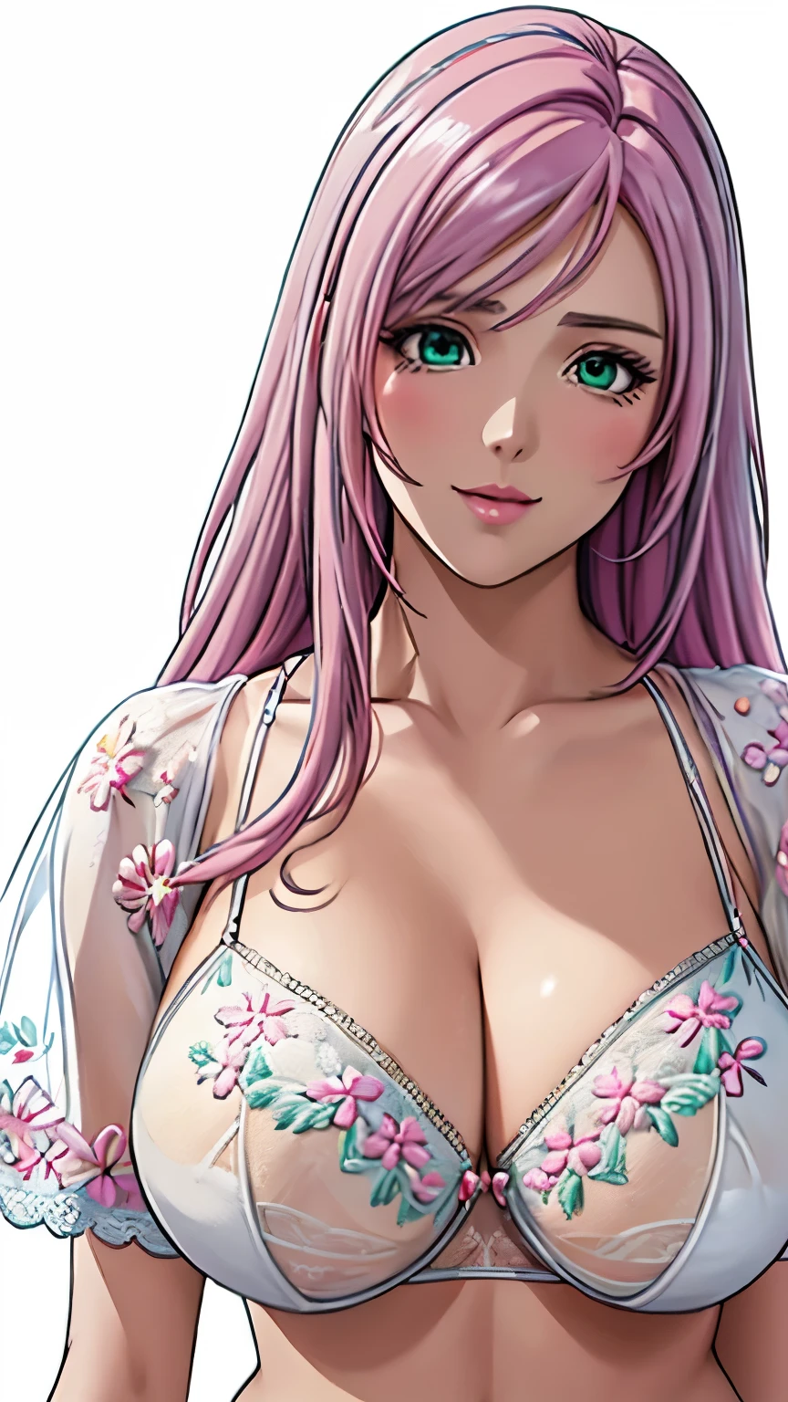 green eyes, (highest quality, masterpiece painting:1.3), immature woman, , (half body shot), masterpiece, ultra high resolution, (Photoreal:1.0), ((light pink hair)),straight hair, beautiful shining hair, white and shining skin, ((Ultra realistic details)), octane rendering, highly detailed face, (big breasts:0.8), (make a heart with hands), ((White bra,White pantieeautiful detail shorts with colorful floral embroidery and luxurious embroidery +:1.5)),Salute,(Flower motif lingerie),(Gorgeous:1.2),(Lace,Detailed:1.3),(See-through:1.6), open neckline, cleavage, perfect body, soft skin, White cherry blossom embroidery pattern, silver earrings, (pure white background:1.4), sharp focus, intricate details, professional artwork, (bright colors:1.1), bright colors, diffused lighting, digital blending, ultra-definition body, ultra detail hair, super detailed face, trending on pixiv, top button open, Cute gaze, compensate, perfect lips, perfect compensate, Ultra-precision coating, (light_smile:0.8),