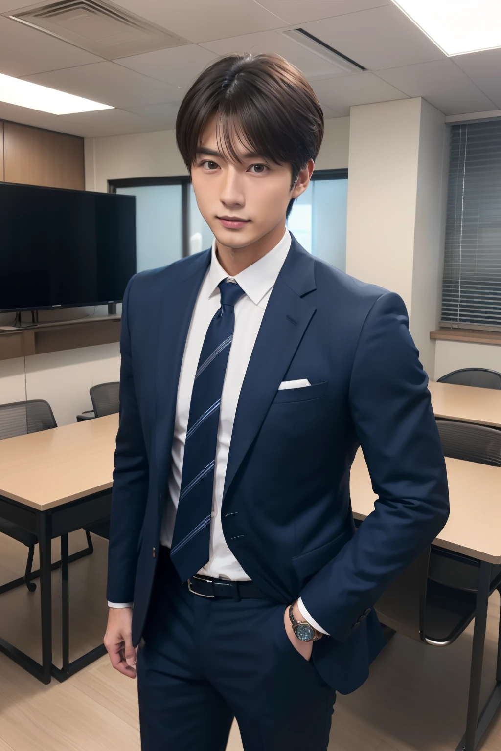 A fresh and handsome 20-year-old new employee、　（A super cool S-class man in a suit）、　20 year old Japanese boys、　Businessman、　Ultra-luxury suits、　Striped suit、　office、　Standing in a suitＳYoung and handsome men、　Full body photo、　（CG Unity 8KのVery detailed写真）、　（Very detailedＳHandsome man in class）、　（Photo realistic）、　　（（highest quality））、　Ultra-detailed、　（masterpiece）、　Ultra HD、　expensive、　Audience、　A kind man、　Very beautiful hair、　Short-haired、　Bright photo、　Handsome like a model、　Handsome like an idol、　Luxury Watches、　Cool Belt、　Japanese