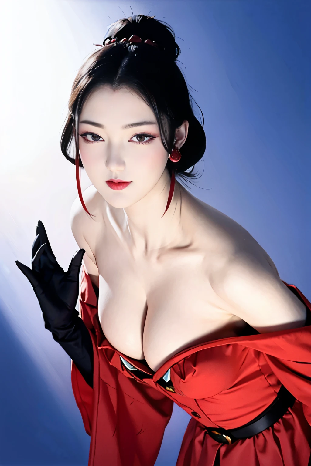 Narrow eyes, 1 girl, all back, deadpan, short hair, short hair, forehead, relief, black hair, short hair, solo, cowgirl, one piece, ((voluptuous breasts)), narrow slit eyes, black eyes, sparkling light eyes , black hair, gloves, dress, luxurious jewelry, earrings, sharp eyes、elbow grooves, raise your hands and tie your hair back, random color, random color dress, long eye makeup, slender eyes、smile, lipstick, complex petal pattern, Rim light, backlight, pastel color, studio lighting