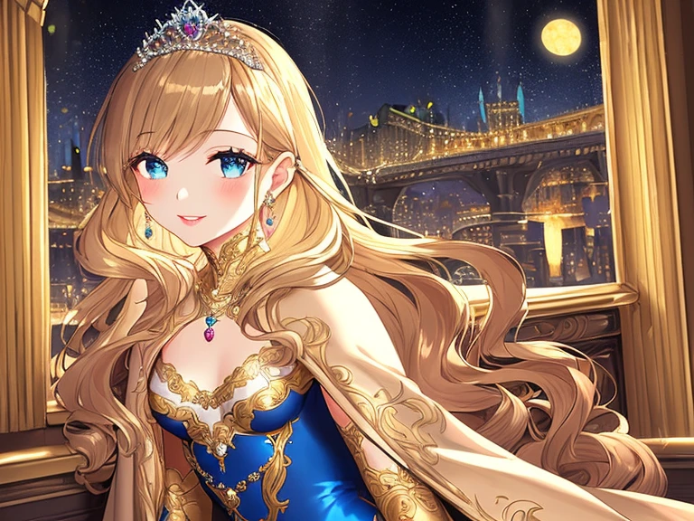 (kawaii),(best quality),(ultra detailed),(rococo style),(long train beige cape:1.15), very long cape,(long train beige ball gown with flower decorations), a girl is wearing a cape over her gown, 1 little princess, tiara with blue jewelry, smile, very long hair, small breasts, beautiful detailed eyes, beautiful detailed lips
