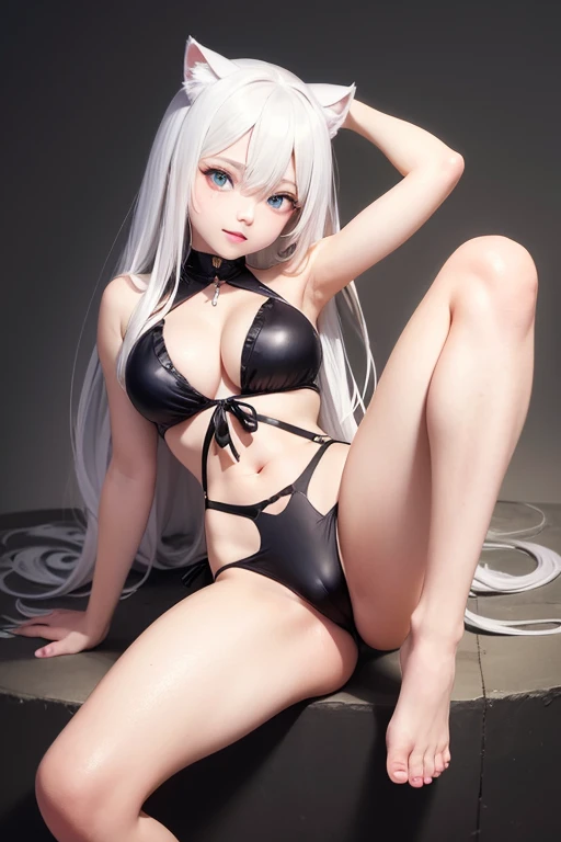 Anime girl with white hair and blue eyes, White cat lady, Gweitz, Very Beautiful Anime Cat Girl, artwork in the style of Gweitz, Gweitz on pixiv artstation, Gweitz on artstation pixiv, Beautiful anime cat girl, Trending on cgstation, anime wallpaper 4k, anime wallpaper 4k,Swimwear,Knee Up