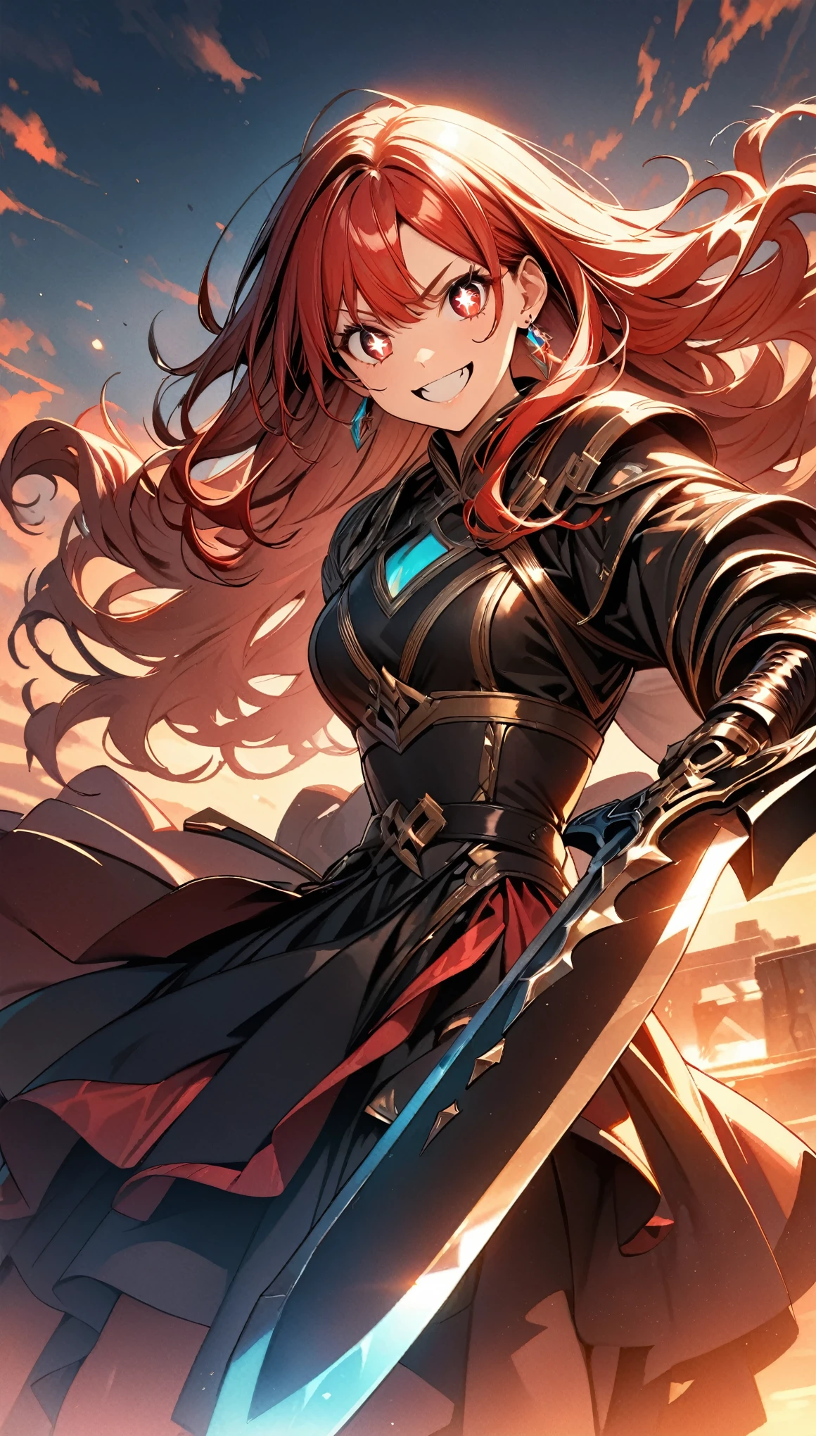 (highest quality:1.2, Very detailed, up to date, Vibrant, Ultra-high resolution, High Contrast, masterpiece:1.2, highest quality, Best aesthetics), (((1 girl))), Girl with a big sword, Chopper knife, Executioner, An illustration, Red hair, Long Hair, Wavy Hair, Red eyes, jewelry, Earrings, (((Detailed Eye Expression:1.2, Beautiful Skin, Detailed facial expressions))), Flowing Hair, (crazy smile, sparkling eyes), Delicately drawn equipment, Cold Glowing Weapon, Shiny Armor, ((Random Pause, Dutch Angle)), Beautiful sunset background, Bright colors, Dramatic lighting, Brave pose, Sharp focus, Gazing Eyes, Beautiful Skin, Shiny skin, Perfect Fingers, Five Fingers, Anatomically correct, Background blur.