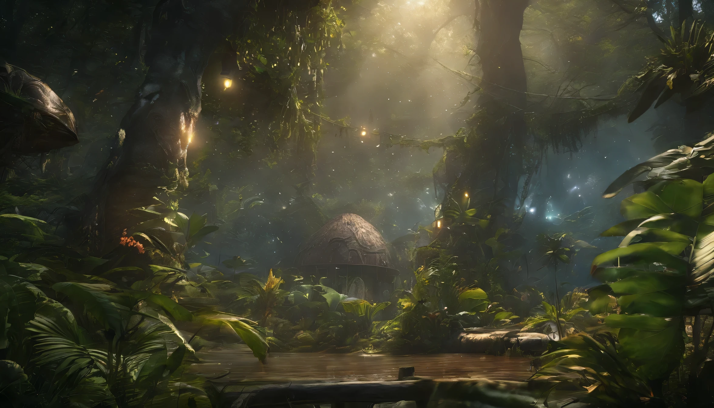Best jungle scenery,(highest quality,4K,8k,High range,Master Parts:1.2),Ultra-detailed,(Realistic,Realistic,Photorealistic:1.37),Soft lighting, Fantastic colors, (Fairy 1.5), Mysterious Forest, A fascinating scene, Glowing Firefly, Mysterious atmosphere, Magical creatures, Fascinating setup, Dreamlike quality, Sparkling Light