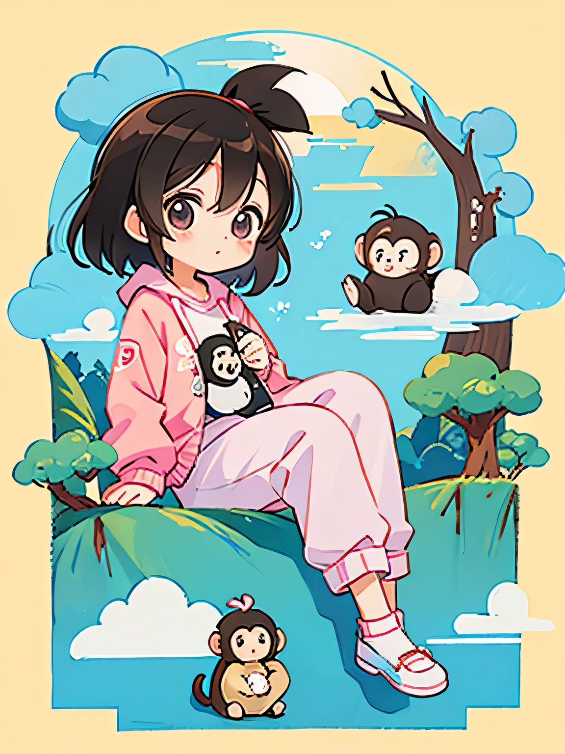 Ai Yazawa style, Kawaii Design, Chibi girl monkey, monkey Forest, Above the Clouds