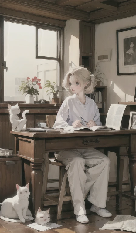 Artistic illustration: Relaxed character and white cat　At a desk in the study　A relaxed look while working