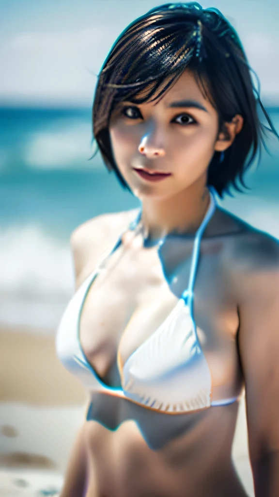 beach side,(8k, RAW photo, best quality, masterpiece:1.2), (realistic, photo-realistic:1.4), (extremely detailed 8k wallpaper), sharp focus, depth of field, blur background, bokeh,natural light,,japanese woman,short hair,(white plain bikini: 1.5),Looking at viewer,((super fine face))