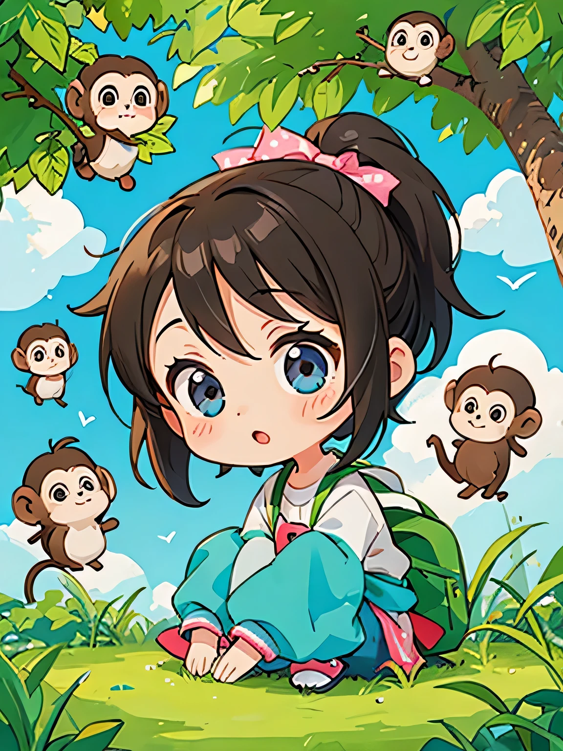 Ai Yazawa style, Kawaii Design, Chibi girl monkey, monkey Forest, Above the Clouds