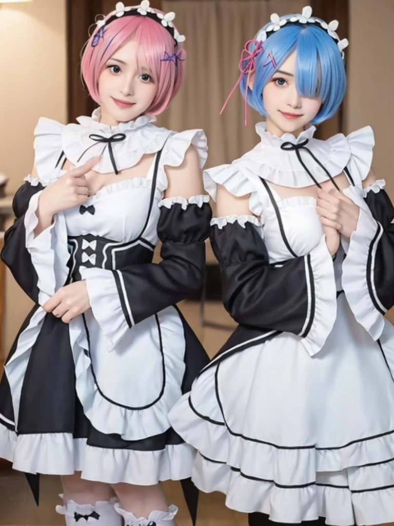 (8K, Photorealistic, Raw photo, of the highest quality: 1.3), (1girl in), Super beautiful, (Realistic face), (boyish, light blue Color Berry Shorthair),(8K, Photorealistic, Raw photo, of the highest quality: 1.3), (1girl in), Super beautiful, (Realistic face), (boyish, pink Color Berry Shorthair), Beautiful , Glare that captivates the viewer, Beautiful expression, Beautiful breasts, (Realistic skin), Be...Create a detailed and colorful image of Ram and Rem from Re:Zero, standing back-to-back in their maid outfits, with a magical fantasy background、14years old, two girls,cute, perfect face, beautiful, nice body, gothic ta clothes, gothic loliashion, frilly skirt, headdress, necklace, bracelet, knee-high socks, boots, double eyelids, tear bags, Detailed down to the fingers, photo-like description, indoors, dim indoor lighting, one girl is pink hair and short bob, another girl is light blue hair and short bob,standing, whole body, composition that shows the whole body, smiling,The Both of them are wearing the same type of maid outfit