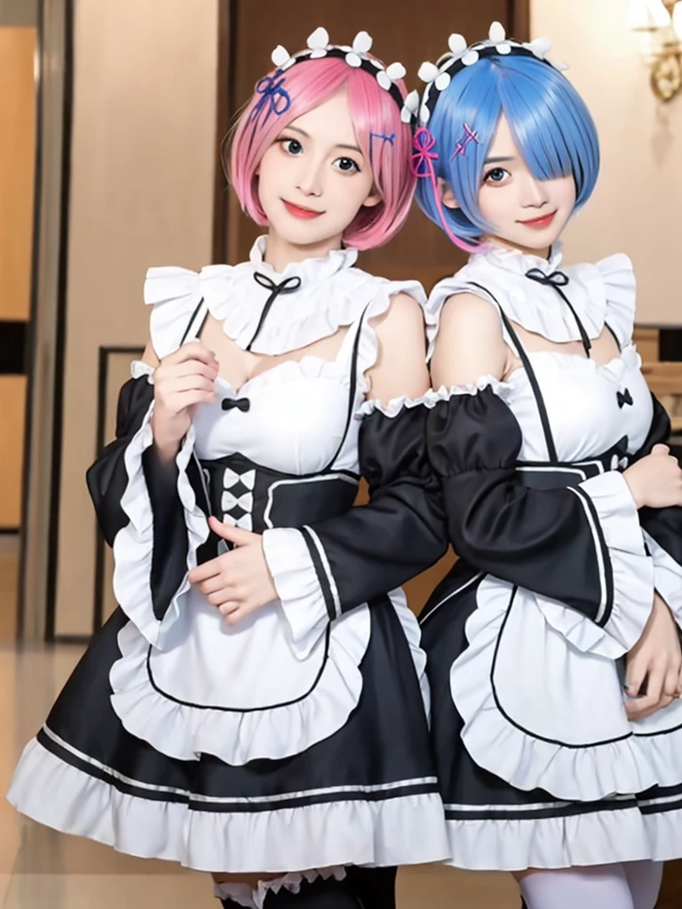 (8K, Photorealistic, Raw photo, of the highest quality: 1.3), (1girl in), Super beautiful, (Realistic face), (boyish, light blue Color Berry Shorthair),(8K, Photorealistic, Raw photo, of the highest quality: 1.3), (1girl in), Super beautiful, (Realistic face), (boyish, pink Color Berry Shorthair), Beautiful , Glare that captivates the viewer, Beautiful expression, Beautiful breasts, (Realistic skin), Be...Create a detailed and colorful image of Ram and Rem from Re:Zero, standing back-to-back in their maid outfits, with a magical fantasy background、14years old, two girls,cute, perfect face, beautiful, nice body, gothic lolita clothes, gothic lolita fashion, frilly skirt, headdress, necklace, bracelet, knee-high socks, boots, double eyelids, tear bags, Detailed down to the fingers, photo-like description, indoors, dim indoor lighting, one girl is pink hair and short bob, another girl is light blue hair and short bob,standing, whole body, composition that shows the whole body, smiling,The Both of them are wearing the same type of maid outfit