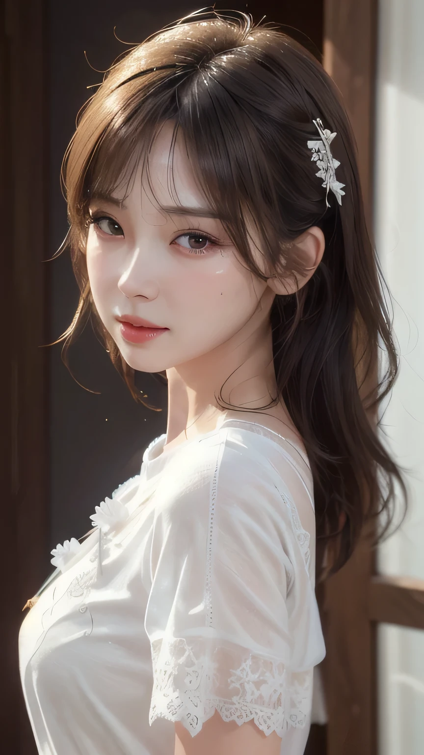 Clothes, white lace dress (Photoreal: 1.4), (Hyperreal: 1.4), (Real: 1.3),
(Smoother lighting: 1.05), (Improved cinematic lighting quality: 0.9), 32K,
1 girl, girl in her 20s, real lighting, backlight, face light, ray tracing, (brighten: 1.2), (improve image quality: 1.4),
(Top quality real texture skin: 1.4), delicate eyes, delicate face,
(Tired and sleepy and happy: 0), (Laughter: 0), Close-up of face, T-shirt,
(Improve body line mood: 1.1), (Improve skin texture and beauty: 1.1)
