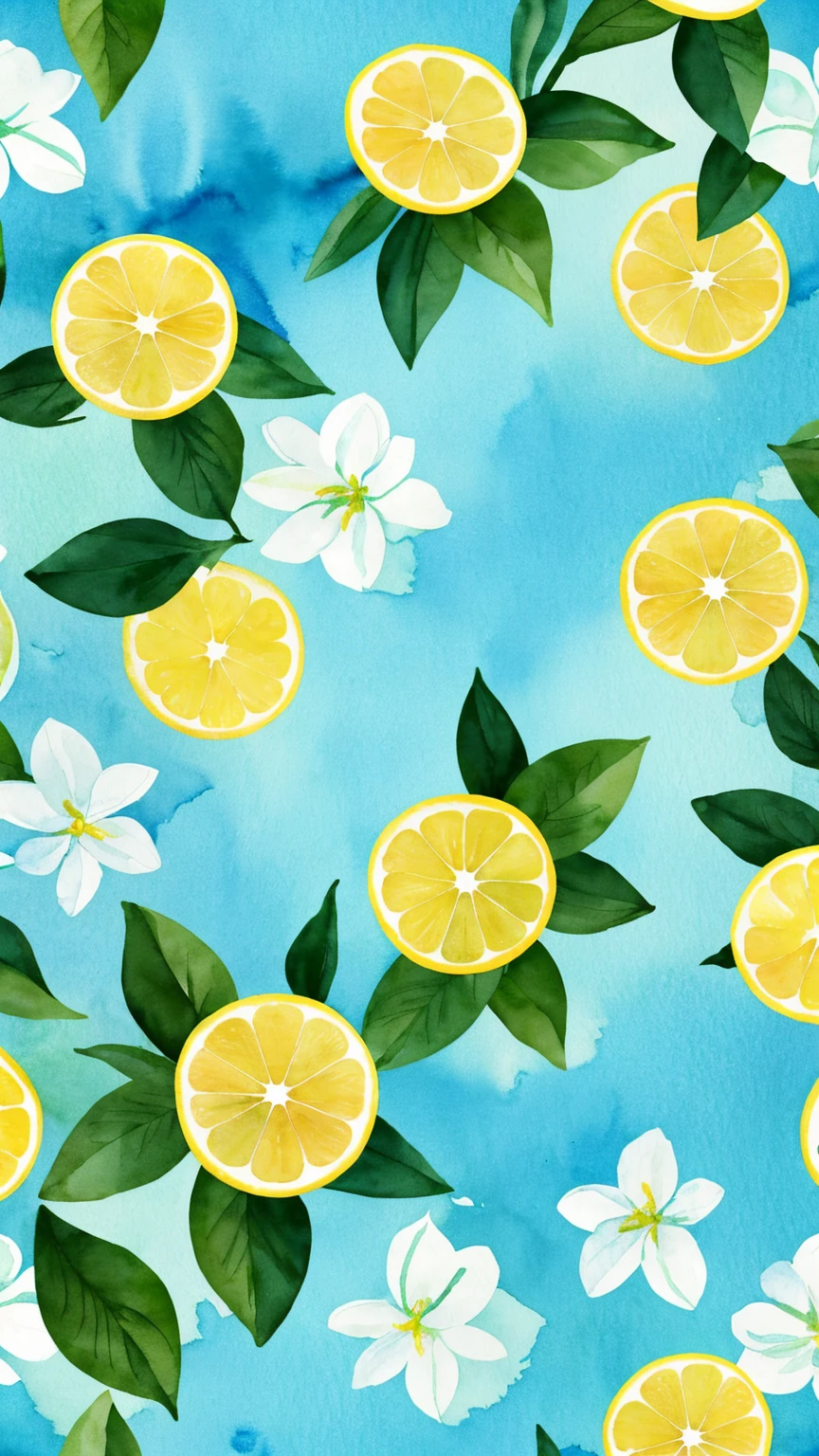 Generate a background in green tones with flowers, in the style of a watercolor painting, sky blue flowers and lemons, which intertwine nicely 