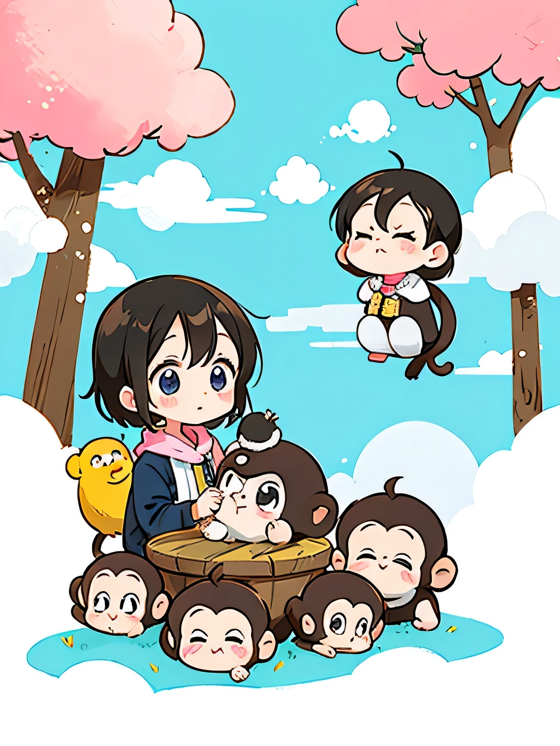 Ai Yazawa style, Kawaii Design, Chibi girl monkey, monkey Forest, Above the Clouds