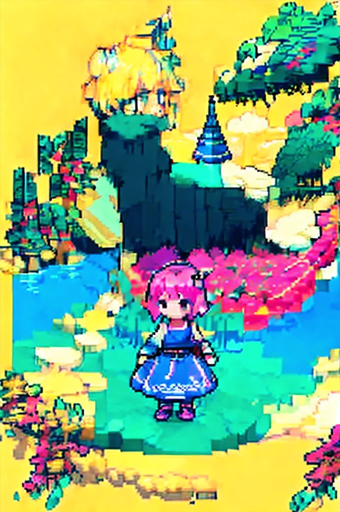 pixel art, girl, pink short hair, blue dress, yellow shoes, blue patterns, fair skin, pixel style,Some