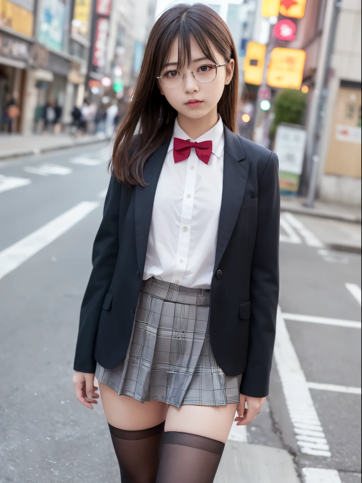 （8k、RAW Photosgraphy、highest quality、masterpiece：1.2),Black Pantyhose,Absurd,Small Face,,Flat Chest,前hairを真ん中から分ける、The forehead is visible,(eyeを細めて,strong,skinny,Sanding,Rage)、masterpiece,highest quality、超A high resolution,RAW Photos,Len,Beautiful poop,one person, solo,Glasses,,Dark look,Small breasts,whole body,Round Glasses、cute、Japanese women,standing,(eyeを細めて,strong,skinny,Sanding,Rage,,Flat Chest)、（Photorealistic：1.37）、Photon Mapping,Light blue ribbon,Realistic、cute顔,茶色のeye、Black socks、(Red bow tie)、Radio City、物理ベースLenダリング、prospect、Depth of written boundary、Blurred Background、picture,Girls、body, Long legs, Thin legs,ponytail,(前hairが見える), hair, Lips, green_eye, Nose Soft,White shirt, Navy blue and white plaid pleated skirt, I can see your knees,See-through clothing,, thigh, black cotton socks,Nogizaka Idol, , Japanese Ido、Large Breasts、Open your shirt to reveal your chest、Cleavage、How to put out panties、whole body写真、just