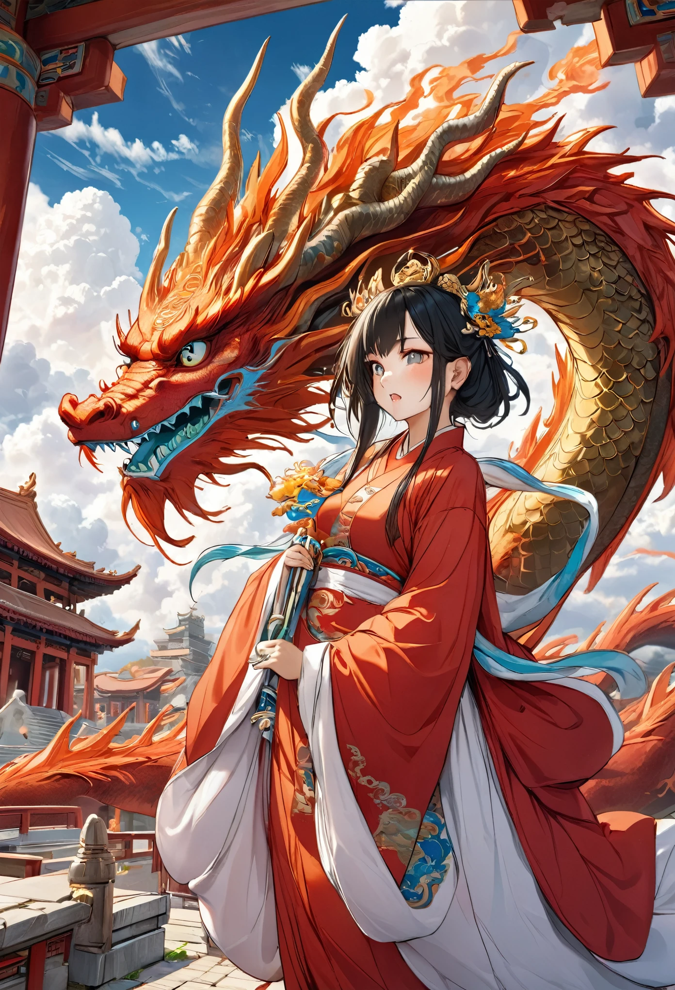 (masterpiece, best quality:1.2), bite_style,1 person,girl,Divine bit,dragon,cloud,Temple,cartoon