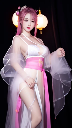 whole body，Standing，A sexy beauty, Be focused: 1.3, Chinese martial arts girl，Model figure: 1.5, Big Tits: 1.2，Slightly fat，Pink Hair，Heroine Theme，Very tender breasts, Happy expression, Everlasting: 1.2，Highly detailed face and skin texture, Delicateeyes, Double eyelids，Translucent Tulle，Translucent Hanfu，White lingerie，Waist left open，black background，Recent photos