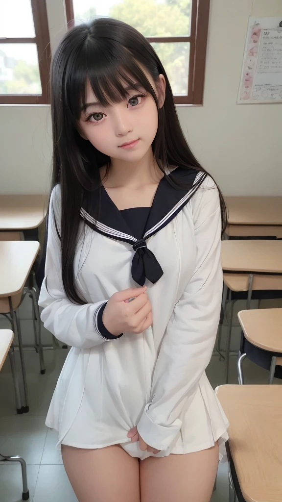 (Beautiful girl with beautiful eyes),Light smile、natta、Raw photography、(((Portrait of extreme beauty)))、((glistning skin))、16 year old beautiful girl in Prague、bright expression、((beautiful black hair))、[Big black eyes that shine like jewels]、Glossy glossy skin、Silky Super Long Straight Hair、eye liner、Beautiful bangs、Hair between the eyes、((​masterpiece、top-quality、ultra-detailliert、Film Light、intricate-detail、hight resolution、ighly detailed))、Detailed background、8KUHD、Digital SLR、Soft light、hightquality、Film grain、FujifilmXT3 、Shallow depth of field、natural soft light,looking at viewer, (((thin eyebrows))), (no makeup),After school classroom, ((high school girl)), ((sailor suit)), show skirt, white panty,
