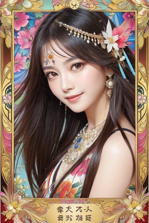 (masterpiece、highest quality、highest quality、official art、beautiful beautiful:1.2)、(1 girl)、very detailed、(fractal art:1.3)、colorful、most detailed,(Pose with movement:1.4)、Details Beautiful and delicate features、Beautiful details and delicate eyes、very fine resolution, (symmetrical eyes:1.3),((japanese hair)),((natural smile)),Floral,feather, tarot card
