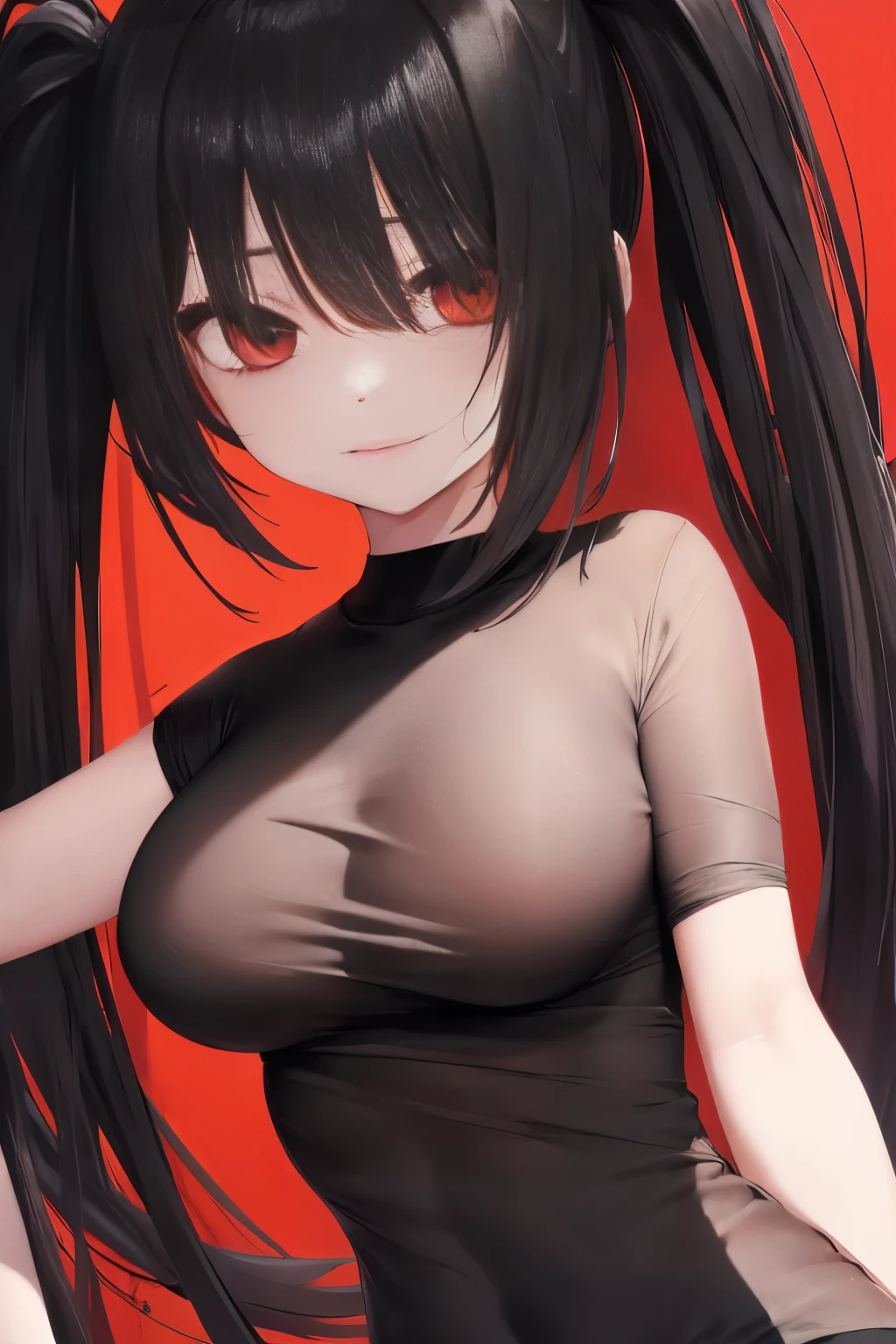 Optimal，masterpiece，High resolution，highest quality，Hyper HD，Very detailed，Award-winning，16k，alone，smile、(Upper Body），Correct Anatomy，Beautiful Cyberpunk Girl，Upper Bodyの写真、Cute face，，Black Hair、Long Hair、Twin tails、Hairline，（（Scarlet Eyes）），Long eyelashes，Drooping eyelids，White skin，((Shoot from the front:1.5)), ((Tight black t-shirt:1.5)), ((Clock Top:1.5))、See-through、Rocket , (Large Breasts),