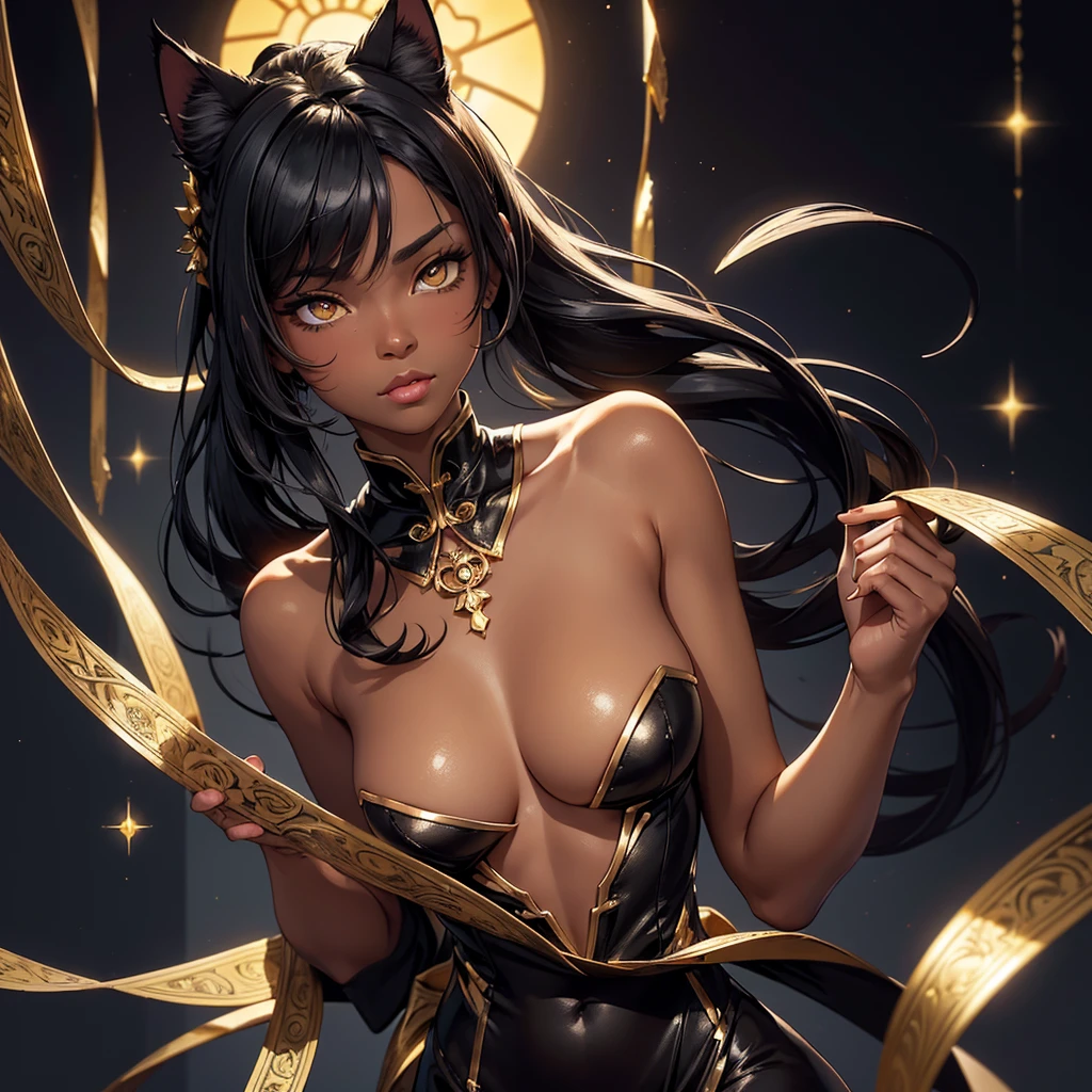 (high resolution, upper body, soft skin:1.2),(best illustration,masterpiece:1.2),ultra-detailed,[(cat ears , black inside:1.2, black ponytail hair, gold eyes, cat eyes, dark skin),vivid colors,sharp focus,studio lighting,bokeh, wearing a gold qupao, dark stockings, high heels,