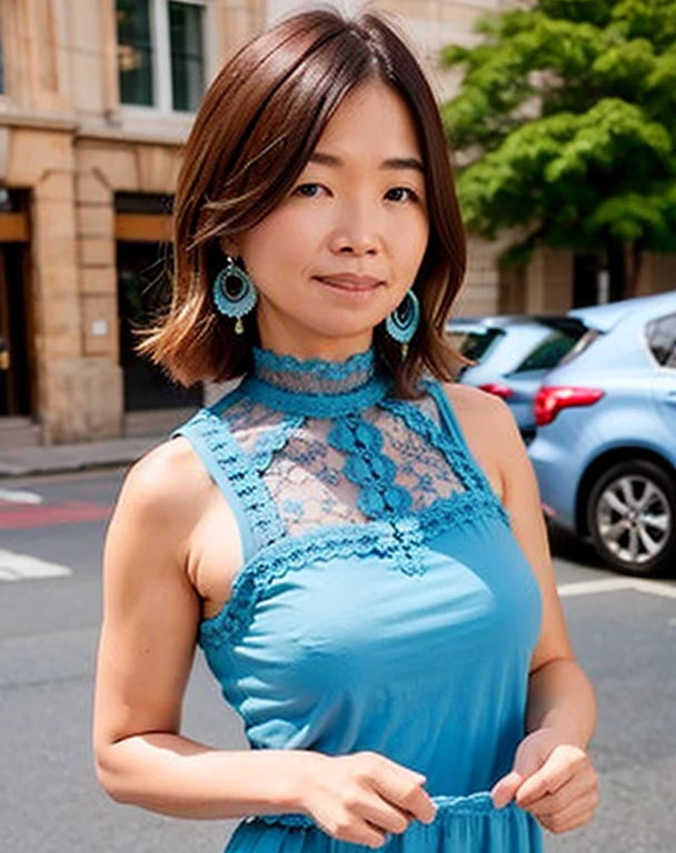 a woman posing on the street corner with light Blue clothes on, highest quality, High resolution, 8k, 1peopleの女の子, Day, bright, Outdoor, (street:0.8), (people々, crowd:1), (lace trim dress:1.5, Light blue clothes:1.5, Blue High Neck Dress:1.5, Sleeveless dress, Blue clothes: 1.5), nice, (amount, Medium Hair), Beautifully detailed skies, Beautiful earrings, (Dynamic pose:0.8), (Upper Body:1.2), Soft lighting, Wind, Shiny skin, View your viewers, pain,pained expression,
