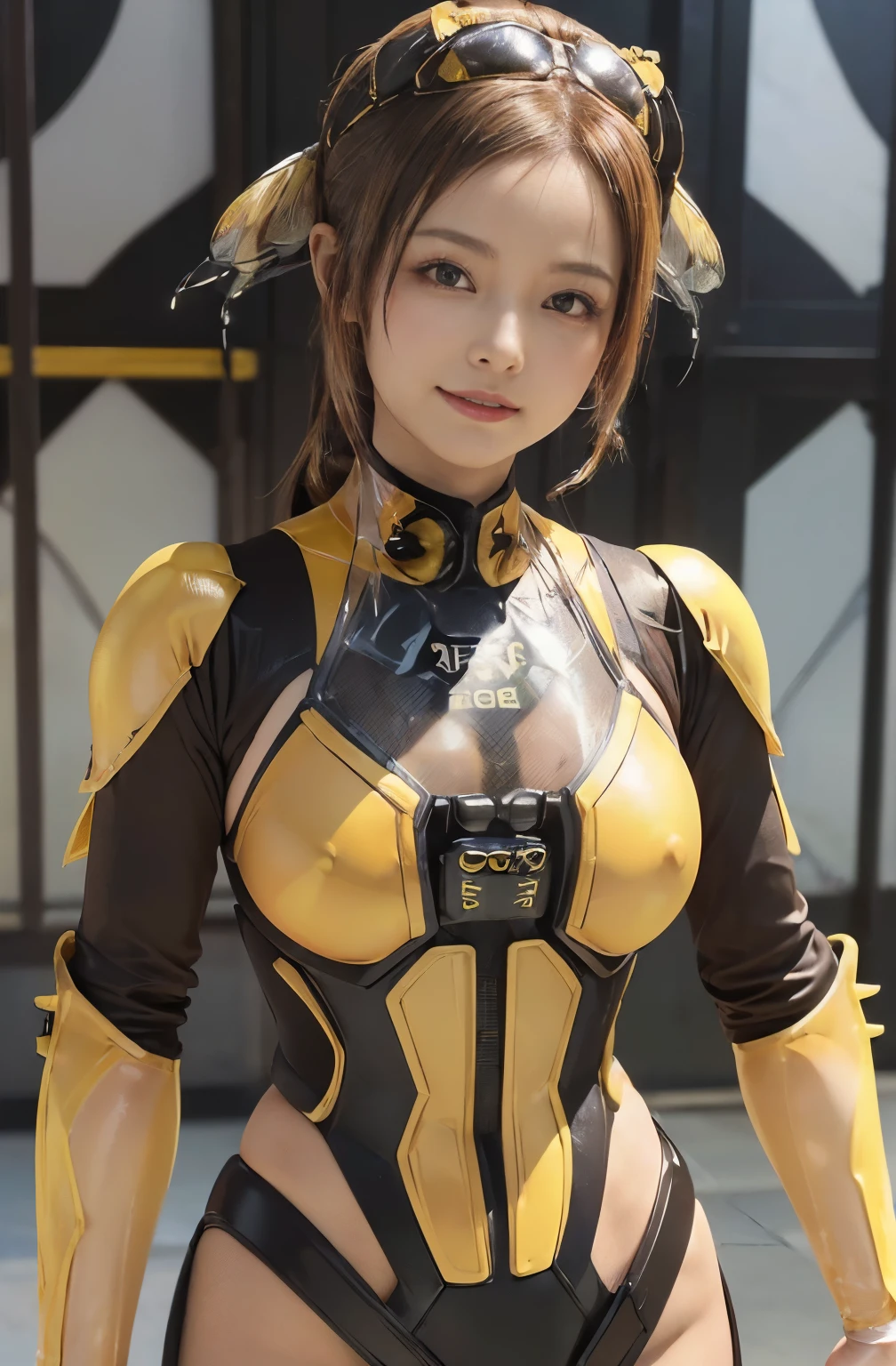 (high resolution,masterpiece,best quality,extremely detailed CG, anime, official art:1.4), realistic, photo, amazing fine details, all intricate, gloss and shiny,awesome many layers, 8k wall paper, 3d, sketch, kawaii, illustration,( solo:1.4), perfect female proportion,villainess, (fusion of queen bee and lady:1.4), (queen bee form lady:1.2), (queen bee lady:1.2), (fusion:1.2), (solo:1.4), (evil smile:1.2), muscular, abs, (queen bee exoskeleton bio insect suit:1.4), (queen bee exoskeleton bio insect armor:1.2), (brown transparency queen bee wing:1.4), (brown queen bee antennae:1.3), big breasts