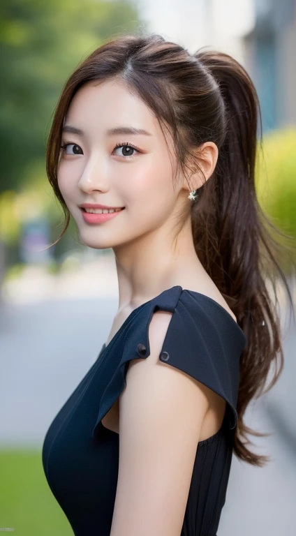((highest quality, 8k, masterpiece :1.3)), 1 girl, smile, whole body, Slim Face, Beautiful woman,Ultra detailed face, Fine grain, double eyelid, Blur Background, Slim Face, city, outside, street,1 girl, 19 years old, Long Hair, Large Breasts,ponytail、Brown eyes, whole body, necklace, Realistic, Sexy Girls、Large Breasts,Embarrassing、It was seen、Wet Skin、Unified 8k wallpaper, Very detailed, beautiful and beautiful, beautiful, masterpiece, highest quality, original, masterpiece, Super detailed photos, highest quality, Ultra-high resolution, Realisticリアリズム, sunlight, whole bodyポートレート, Amazing beauty, Dynamic pose, Delicate face, Vivid eyes, (from the front)、night、Confident、Individuality、strength、ponytail、beautiful肌、smile、Charm、Stimulate、Beautiful Hair、Beautiful eyes、Showing skin、Looking into the distance、Fine skin、Soft Skin、Luxury Dresses、Party Dresses、Black Dress、Inviting