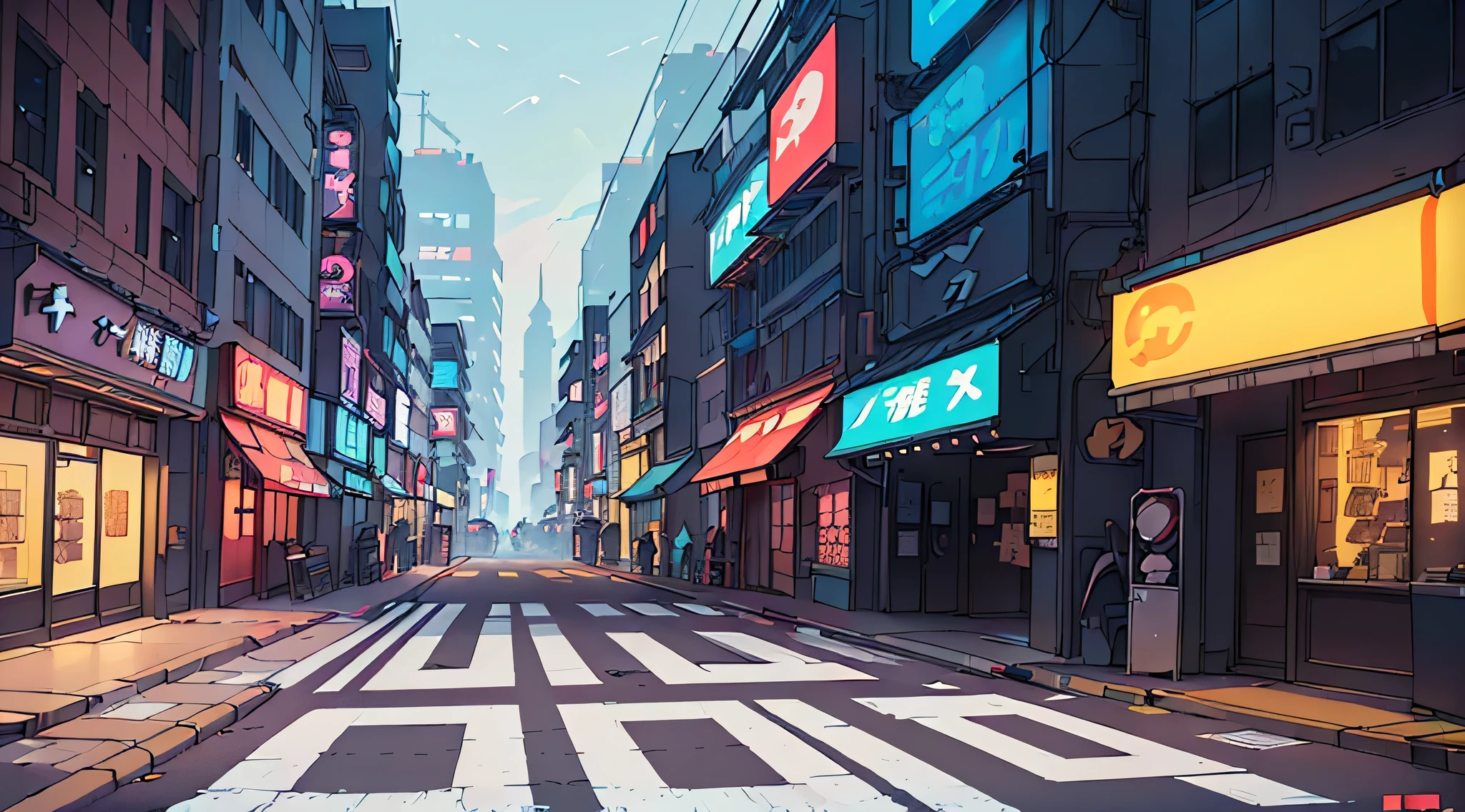 there is a street with a crosswalk and a store front, futuristic street, anime style cityscape, futuristic city street, tokyo anime scene, cyberpunk city street background, cyberpunk city street, cyberpunk street, japanese downtown, sci-fi cyberpunk city street, hd anime cityscape, tokyo street background, city street cinematic lighting, neo tokyo background, cyberpunk streets in japan, street background