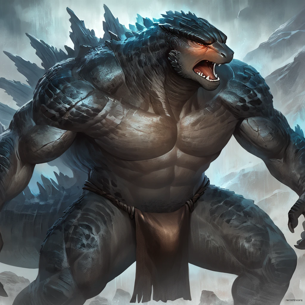 male godzilla mid transformation, solo, masterpiece, best art, loincloth, detailed hands, detailed eyes, detailed torso, pain expression, night, closed eyes, muscular, concept art,