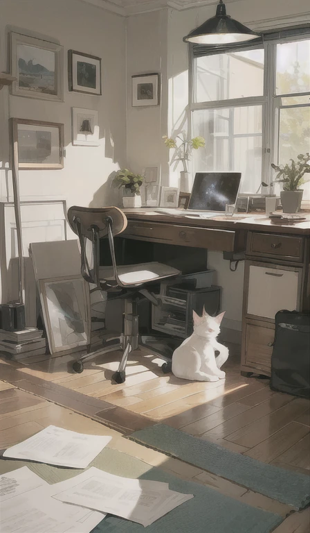 Artistic illustration: Relaxed character and white cat Simple desk setup Quiet and peaceful atmosphere