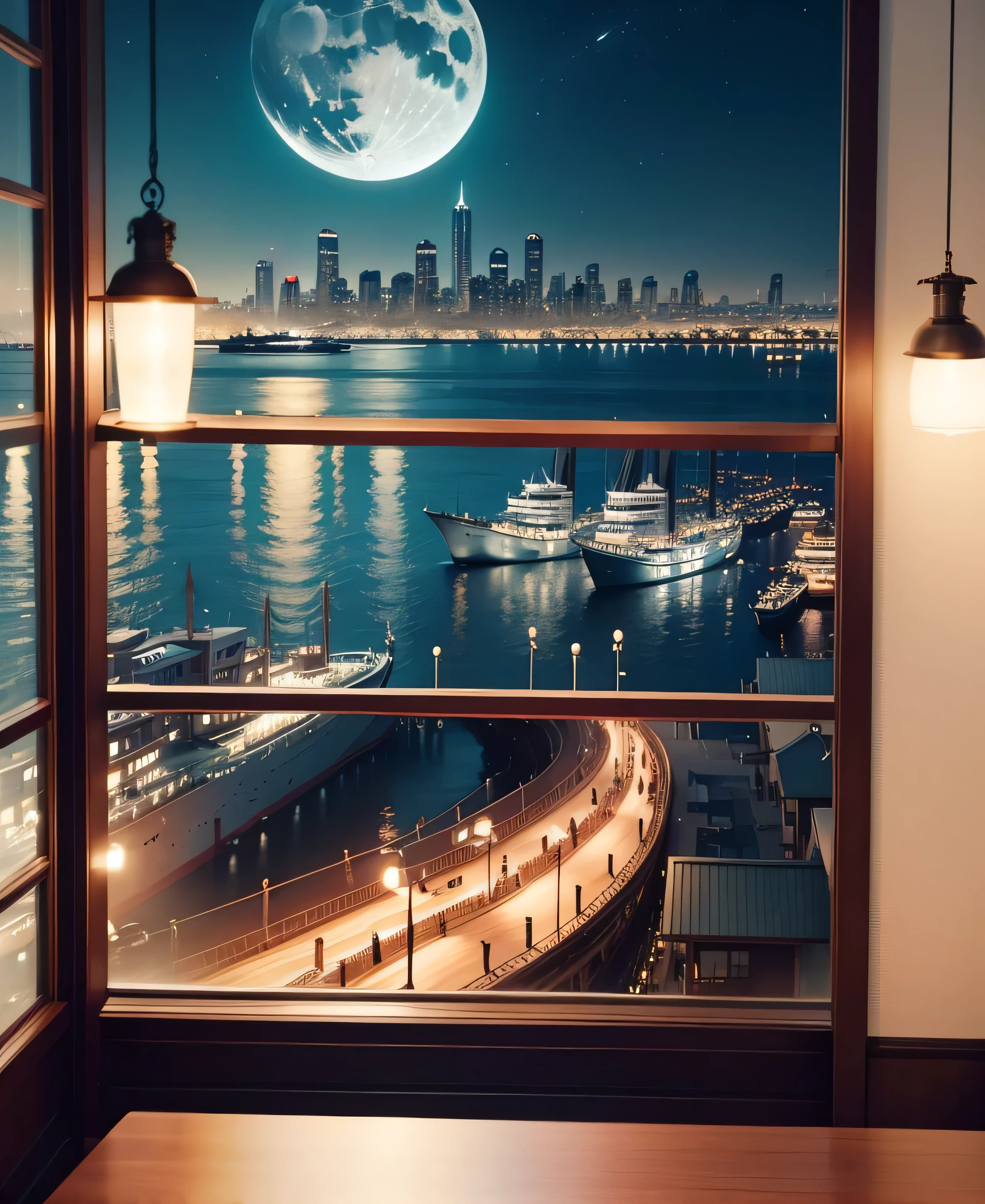 View of the harbor from the Titanic、A city with a view of the sea、moon、The moonlight with a halo、Yellow moon、Night Scenery、Skyscrapers lit up、Seaside bench