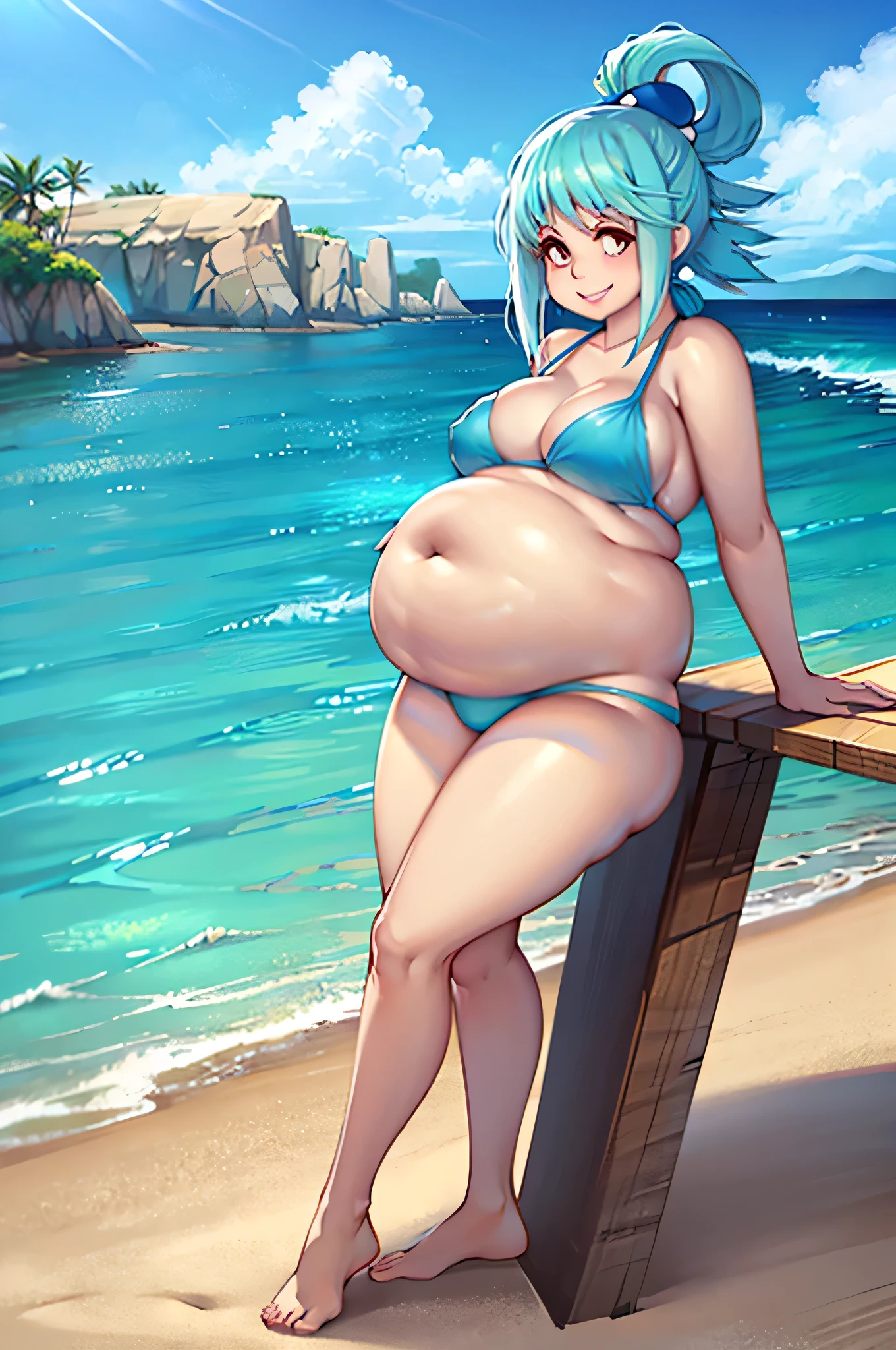 8k, CRU, best qualityer, work of art, ultra high resolution, colorfully, extremely detailed eye and face, beautiful detailed eyes, mermaid chubby woman nudity holding her belly,overwhelmingly large belly,huge belly,overwhelmingly large breasts, huge breasts,pregnant belly,overwhelmingly large thighs,huge hips,at beach