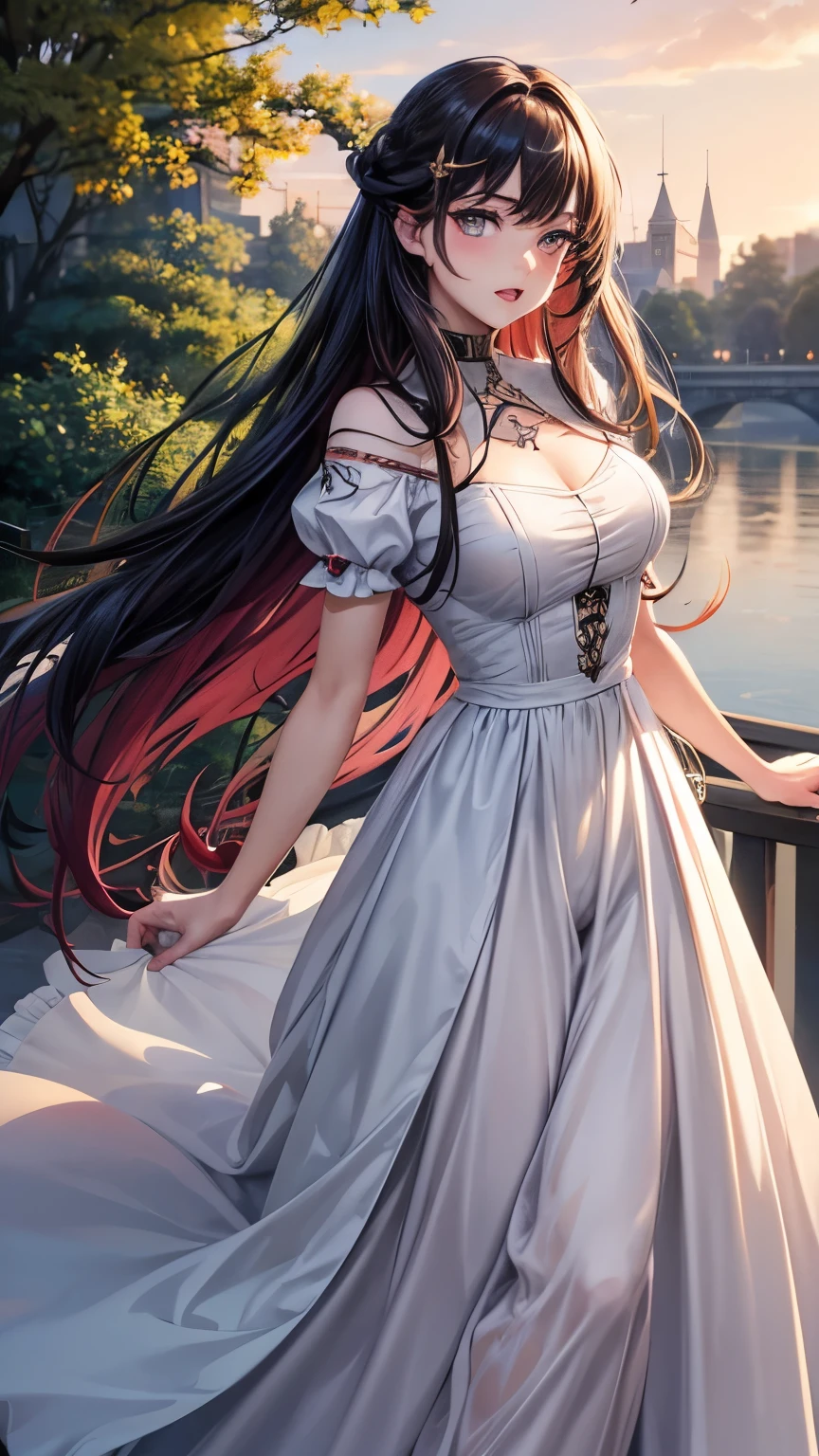 (Meisterwerk),(best quality:1.0), (ultra highres:1.0), detaillierte Abbildung, 8k, Anime-Serie, 1 girl, beautiful Anime-Serie girl, wearing a white top, bauchfrei, ein kuren Rock, pretty face, detailliertes Gesicht, Beautiful eyes, detaillierte Augen, olive green eyes, leuchtend rote Lippen, roter Lippenstift, beautiful stylish hair, Highlights im Haar, bangs Anime-Serie style, best quality, beschwingt, Full body, strahlender Sonnenschein, Slightly open mouth, deep neckline, goldene Kette, stands sideways, Tattoo Drache Oberarm, Skin slightly tanned, stands on a bridge and leans on the railing