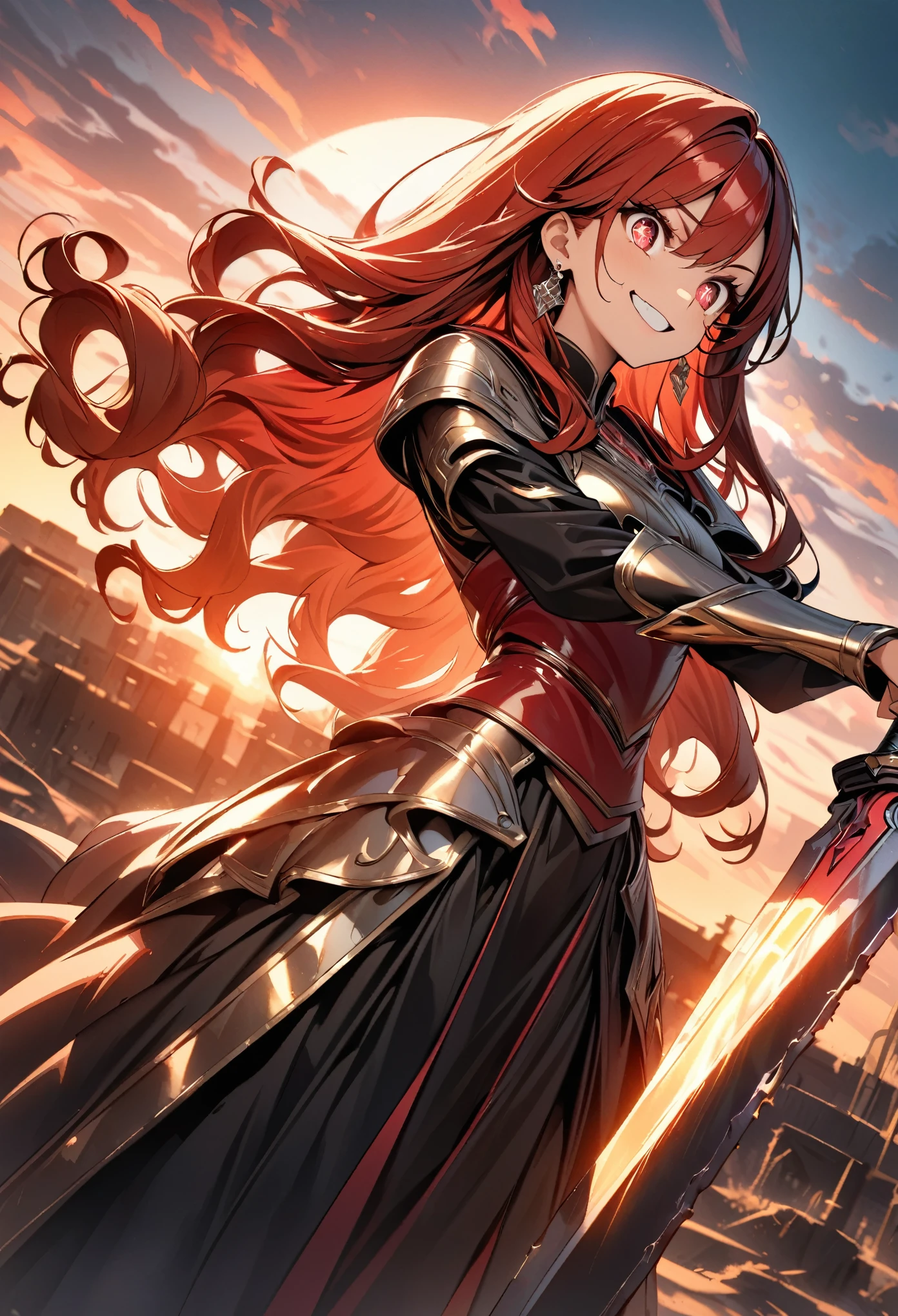 (highest quality:1.2, Very detailed, up to date, Vibrant, Ultra-high resolution, High Contrast, masterpiece:1.2, highest quality, Best aesthetics), (((1 girl))), Girl with a big sword, Chopper knife, Executioner, An illustration, Red hair, Long Hair, Wavy Hair, Red eyes, jewelry, Earrings, (((Detailed Eye Expression:1.2, Beautiful Skin, Detailed facial expressions))), Flowing Hair, (crazy smile, sparkling eyes), Delicately drawn equipment, Cold Glowing Weapon, Shiny Armor, ((Random Pause, Dutch Angle)), Beautiful sunset background, Bright colors, Dramatic lighting, Brave pose, Sharp focus, Gazing Eyes, Beautiful Skin, Shiny skin, Perfect Fingers, Five Fingers, Anatomically correct, Background blur.